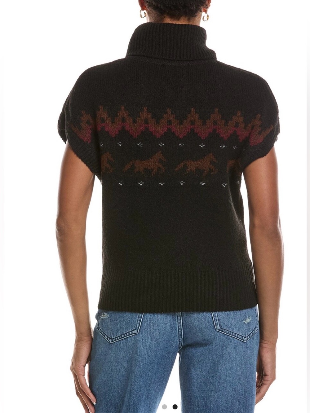 NWT 7 for all Mankind Geometric Fair Isle Horse Motif Short Sleeve Black Sweater - Picture 2 of 7